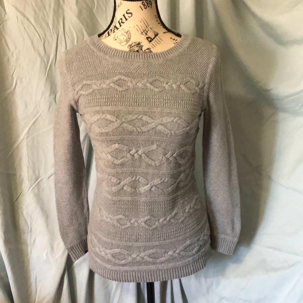 Talbots Petite Gray Crew Neck Cable Knit Long Button Sleeve Cotton Sweater